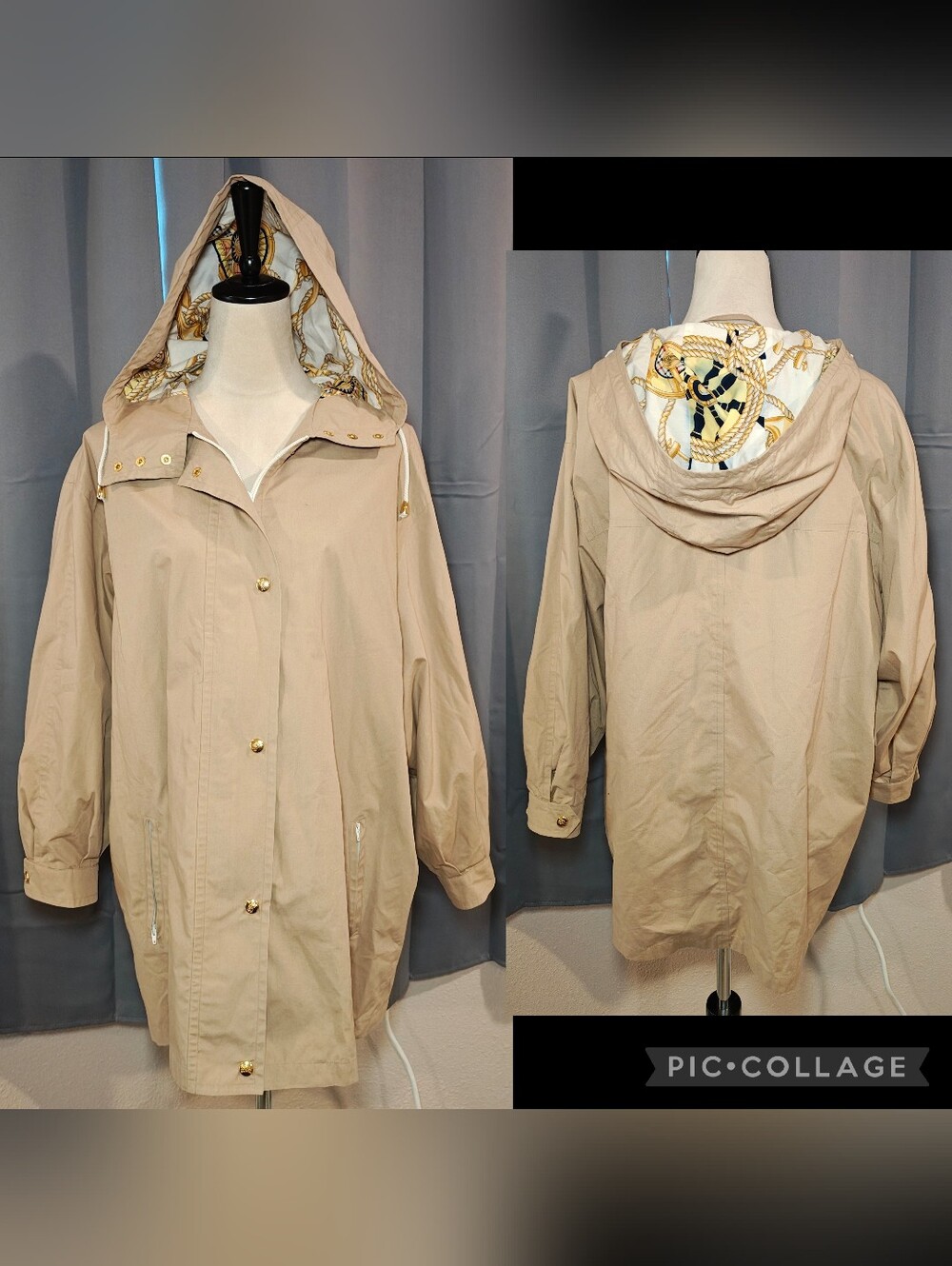 90s Plus Size Burberry Tan Trench Coat w Equestrian Gold Chain Hood.